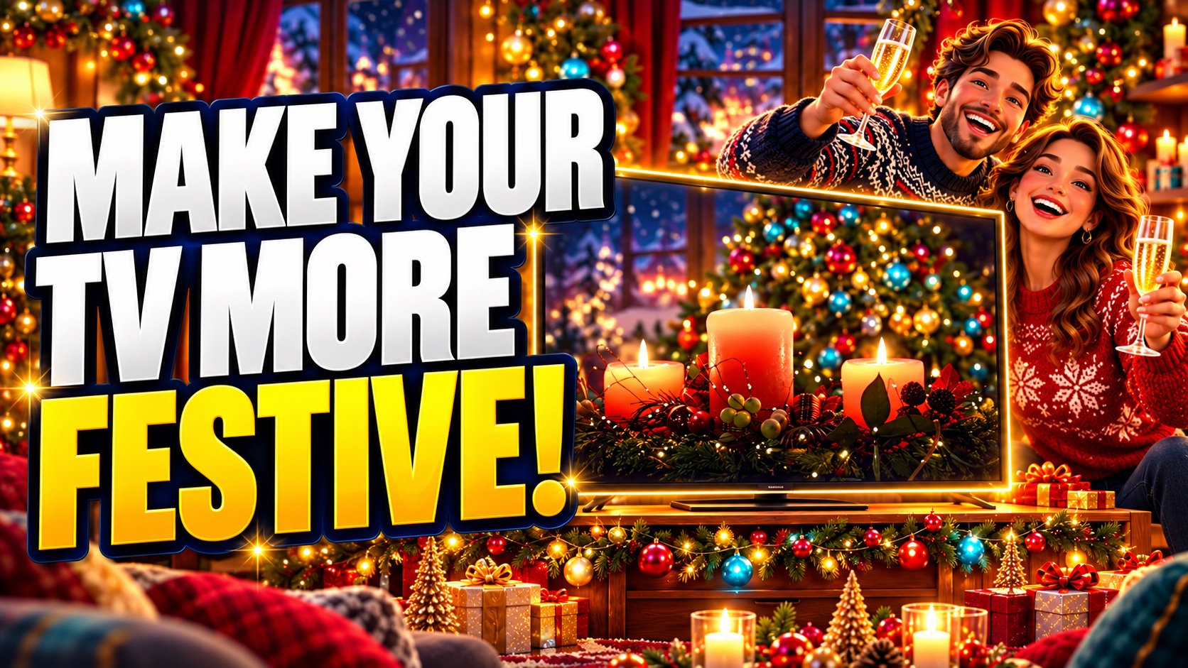 Make your TV more festive: a warmly lit Christmas room, candles on a television and a couple celebrating beside a Christmas tree